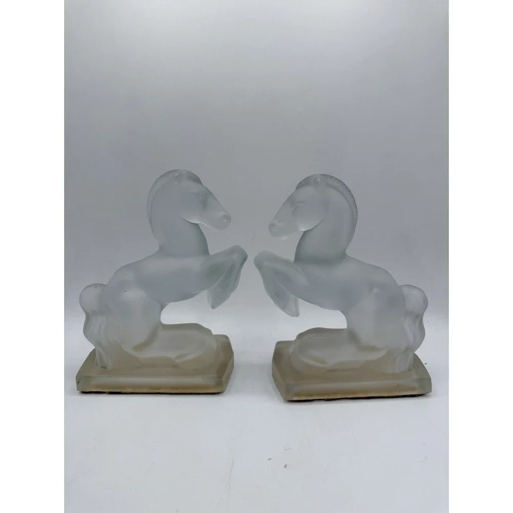 Vintage Frosted Glass Rearing Horse Bookends Art Deco Pair 8